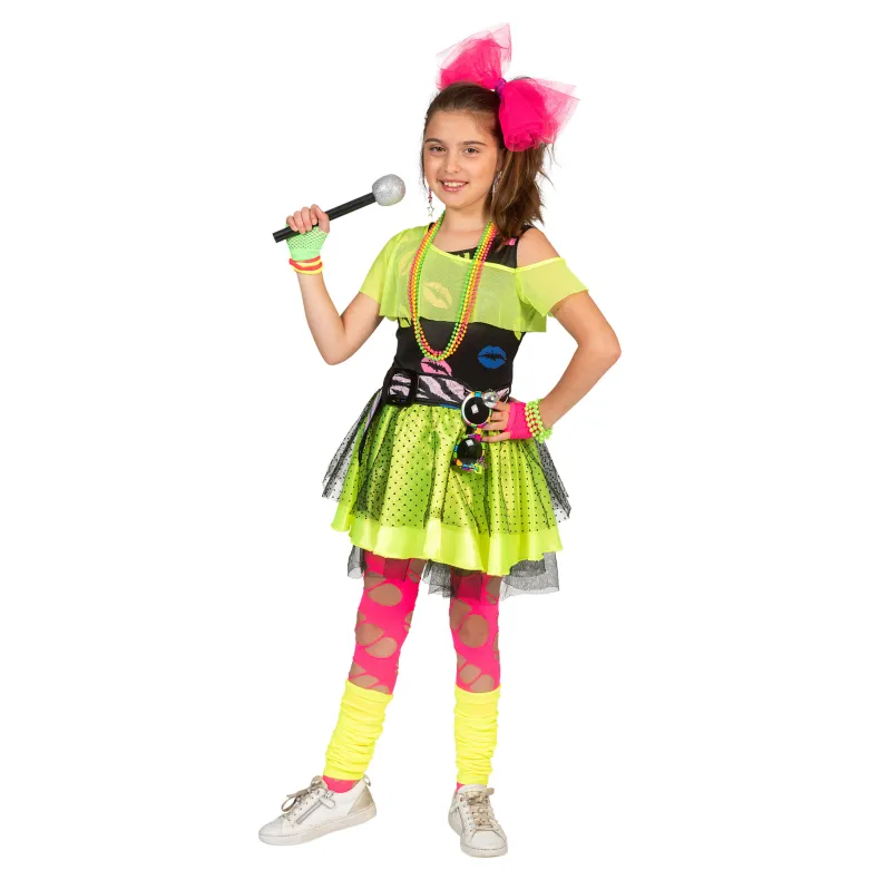 80ies Kinderkostuum Fluojurk Kiss The Girl - Maat 164
