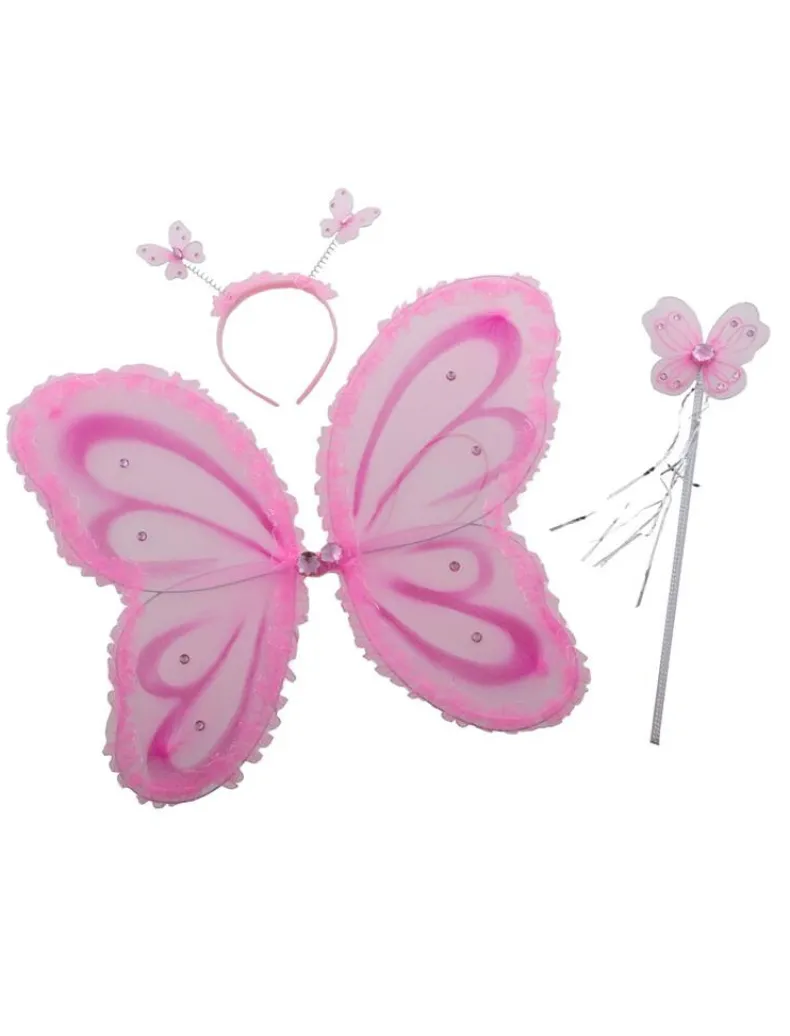 Vlinderset diadeem + vleugels +  stokje - Roze