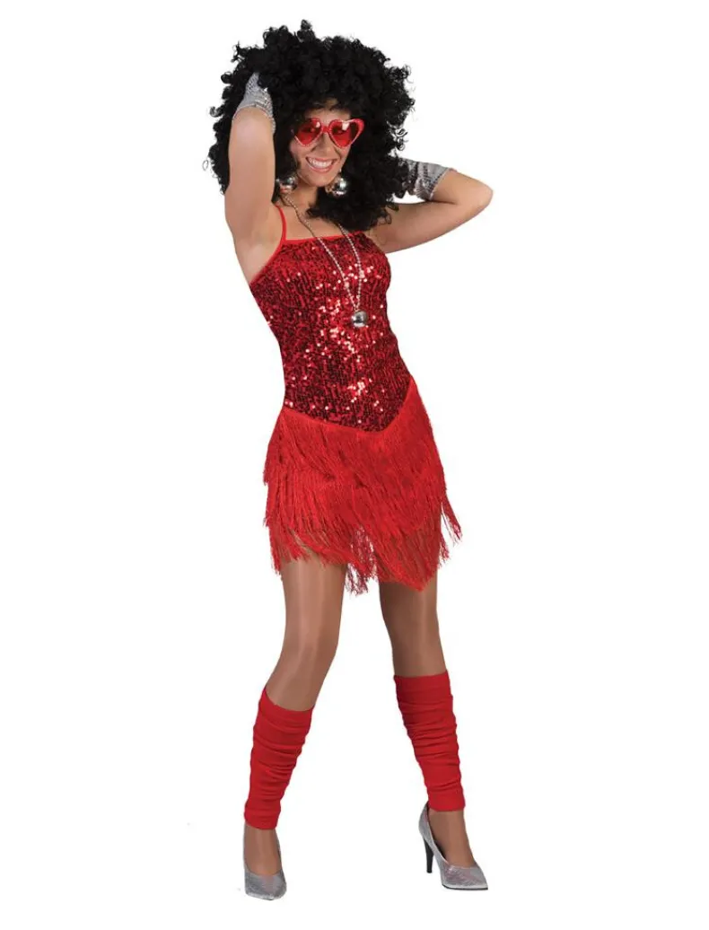 Kostuum Glitterjurk Rood met Franjes - Maat 32/34