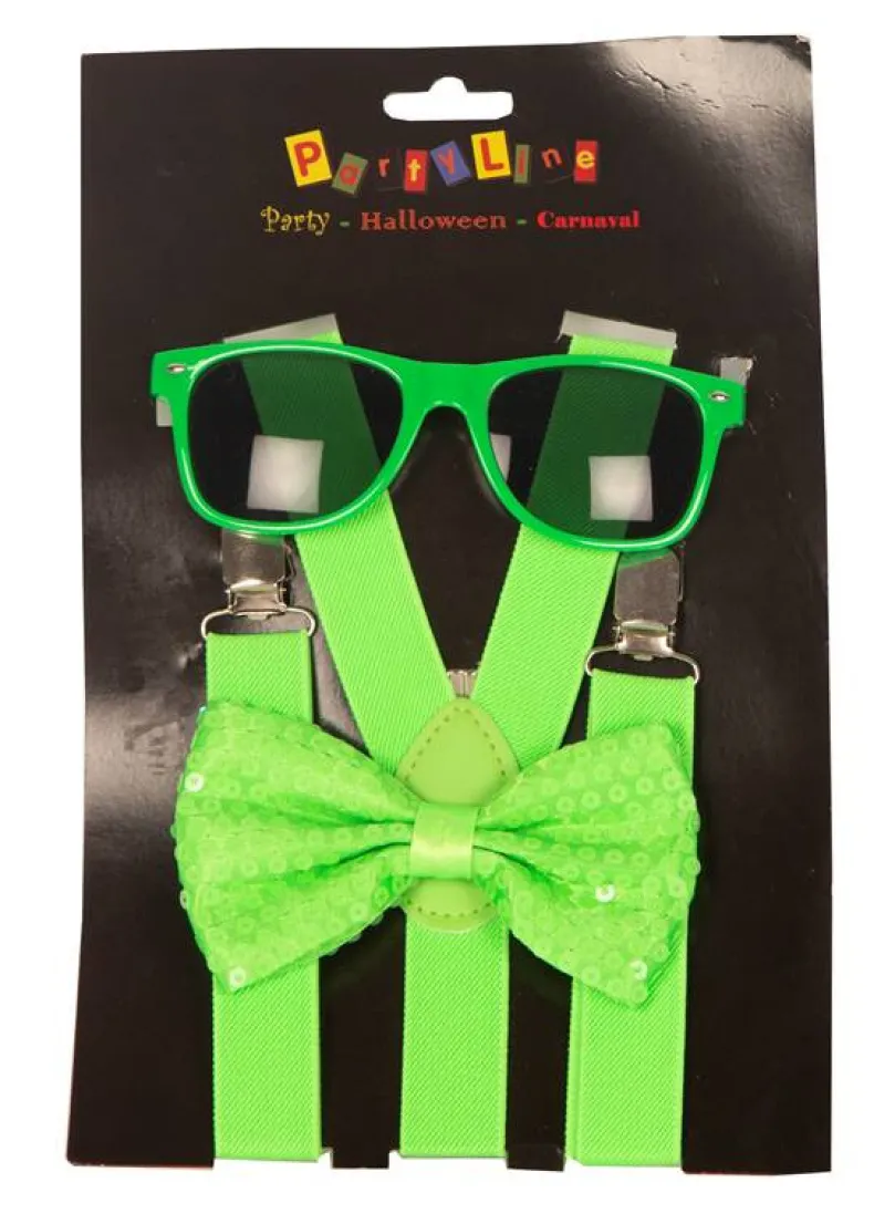 Set Neon groen - Bretellen + Strik + Bril