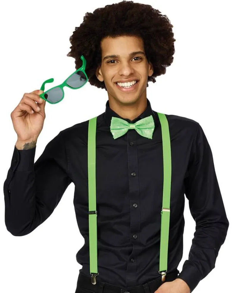 Set Neon groen - Bretellen + Strik + Bril