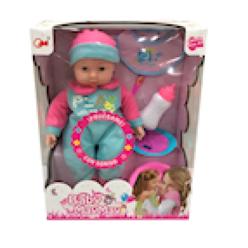 Babypop met geluid 35 cm + toebehoren