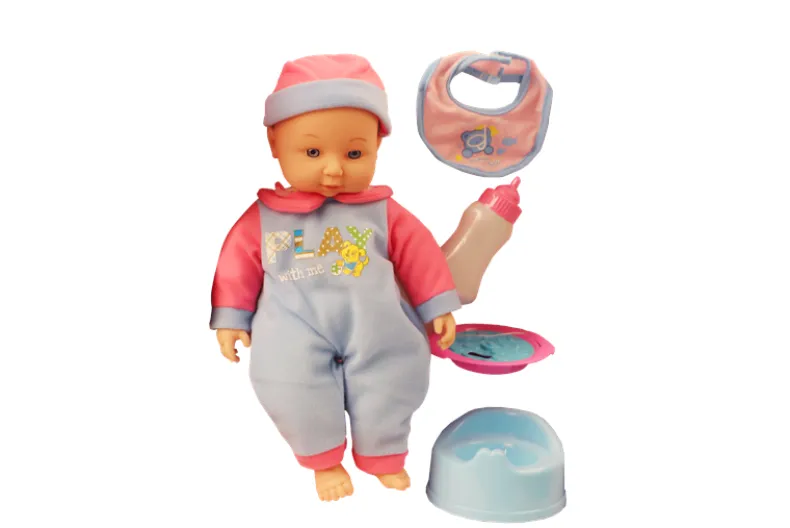 Babypop met geluid 35 cm + toebehoren