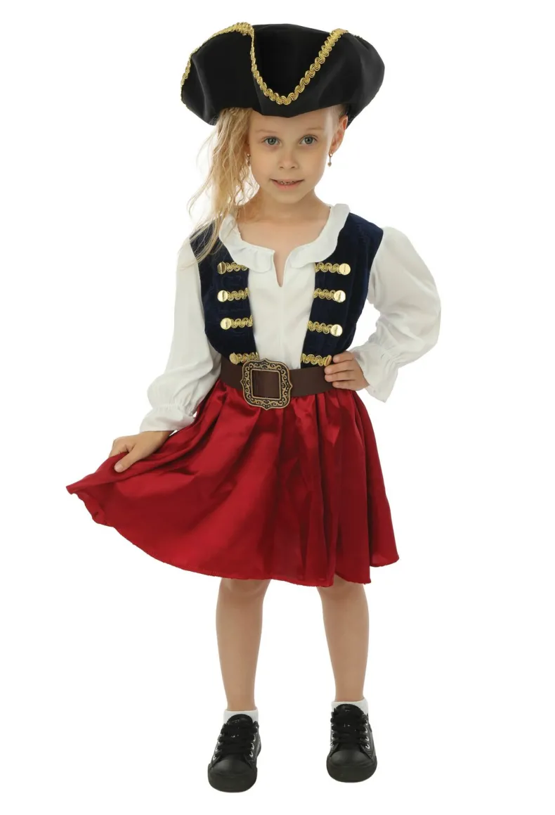 Kinderkostuum piraat met hoed meisje- 3 delig - Blauw/rood - 7-9 jaar