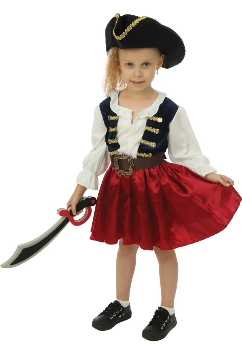 Kinderkostuum piraat met hoed meisje- 3 delig - Blauw/rood - 7-9 jaar