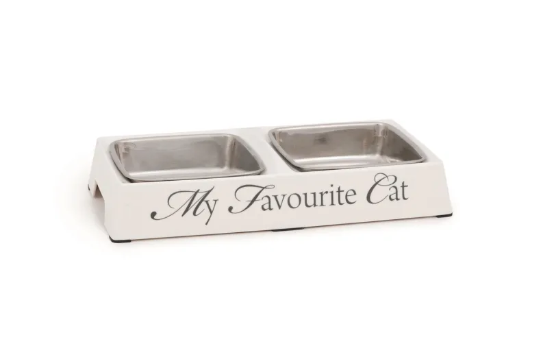 Dubbele eetbak 'My favourite cat' wit 24 x 12 x 4 cm
