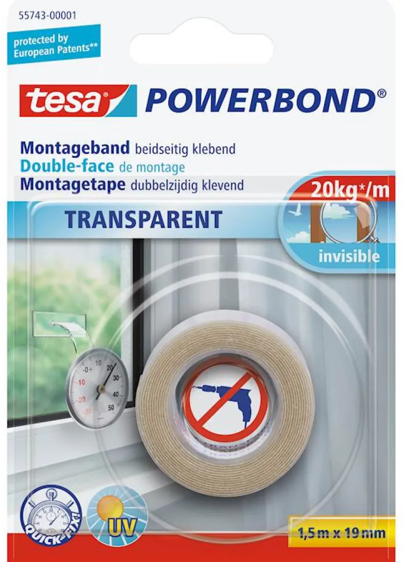 Dubbelzijdige klevende montagetape 1,5 m x 19 mm transparant