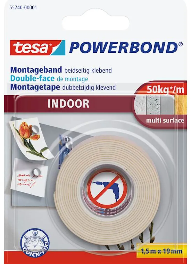 Dubbelzijdige klevende montagetape 1,5 m x 19 mm voor binnen