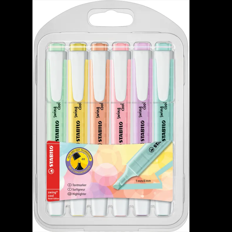 Etui met 6 markeerstiften pastelkleuren