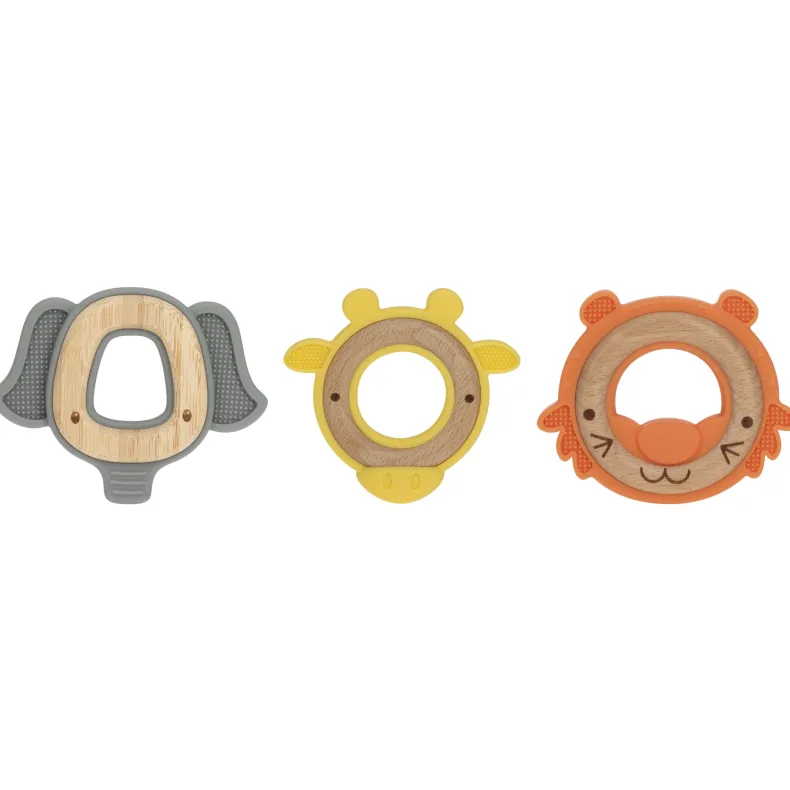 Houten en siliconen dierenbijtring – tijger & giraf & olifant – 3m+