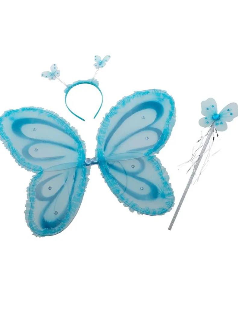 Vlinderset diadeem + vleugels +  stokje - Blauw