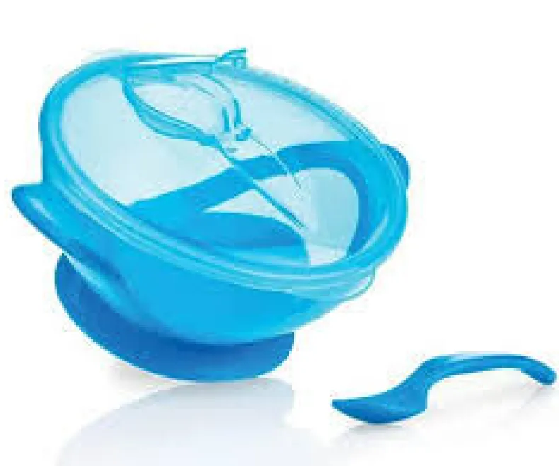 Kom met zuigring met Lepel en Deksel - blauw - 6m+