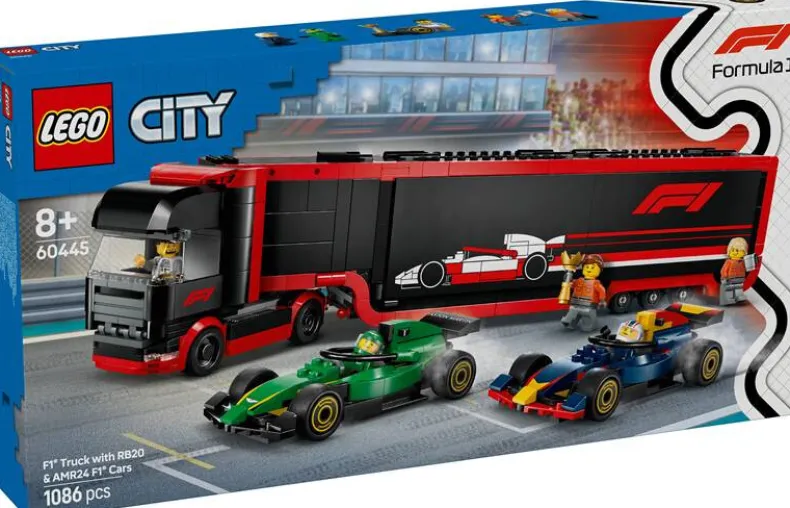 LEGO City 60445 F1® truck met RB20 en AMR24 F1® auto's
