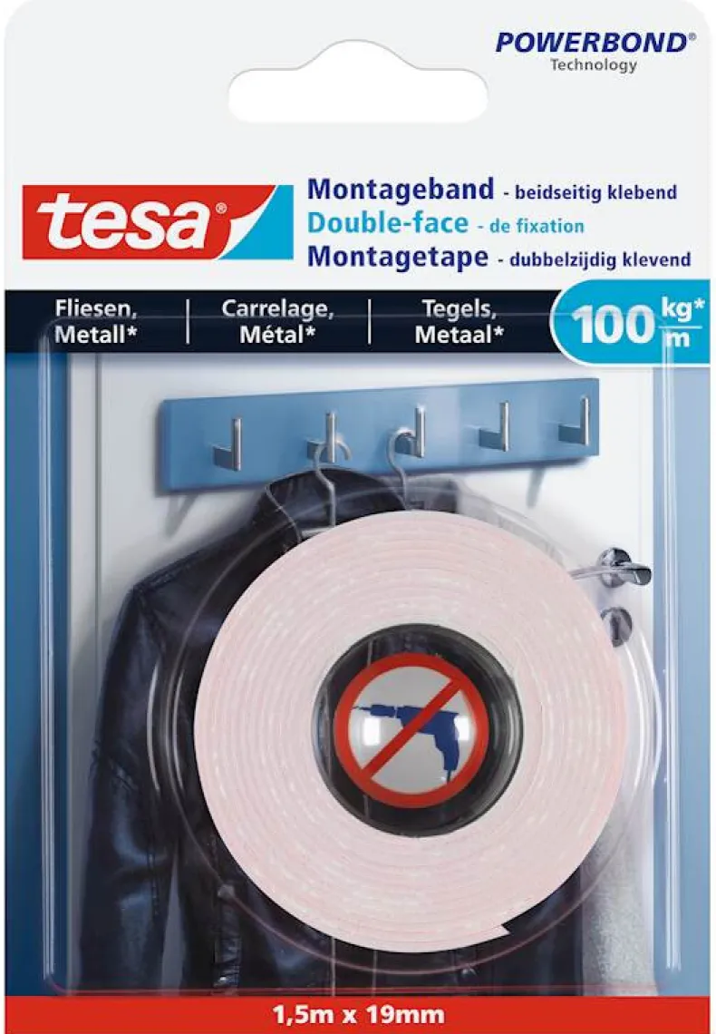 Montagetape 1,5 m x 19 mm /  tegels & metaal