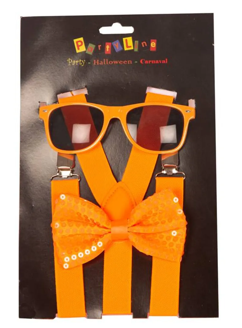 Set Neon Oranje - Bretellen + Strik + Bril
