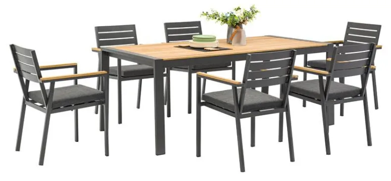 Tuinset Jina met Polywood Tafelblad - 6 Tuinstoelen - Aluminium - Zwart